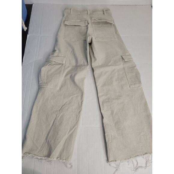 Zara Cargo Jeans Womens Sz 4 Straight Whide High Rise Rigid Utility Pockets Tan - Picture 7 of 8